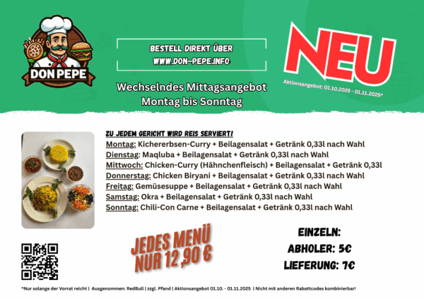Tagesmenü-Donnerstag: Chicken Biryani mit Basmati Reis + Beilagensalat + Getränk 0,33l nach Wahl